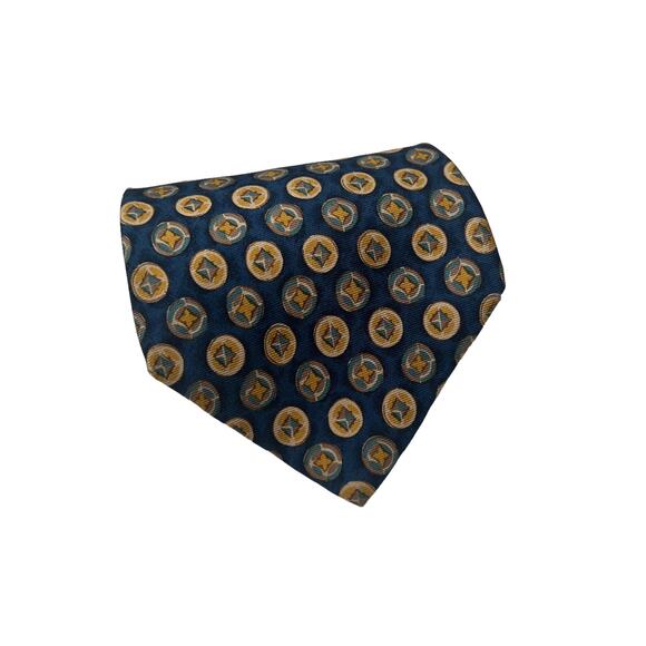 Burberrys of London Vintage Blue Yellow Gold Medallion Print 100% Silk Neck Tie - Picture 1 of 7